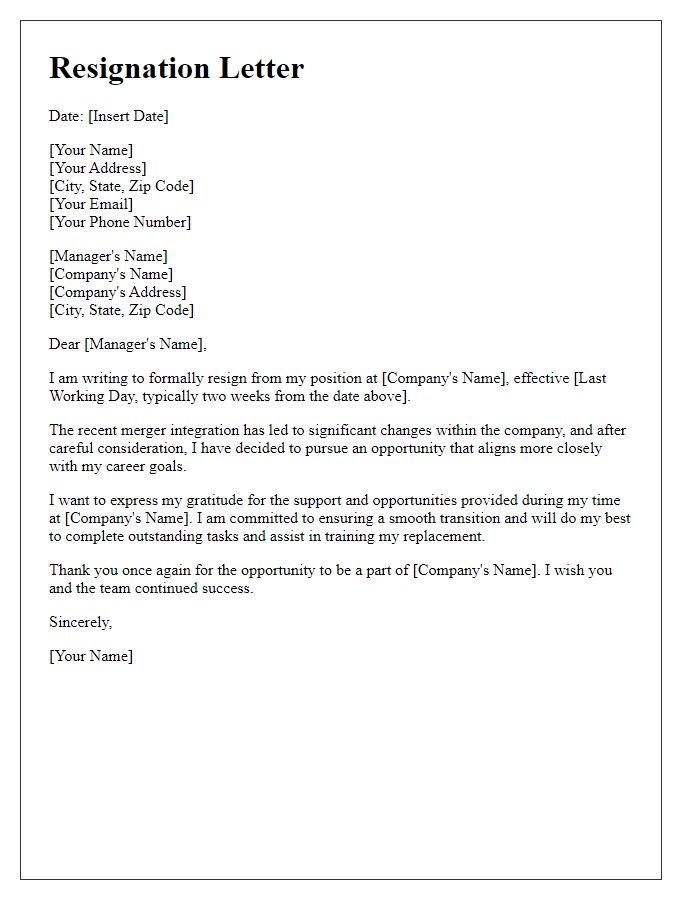 Letter template of resignation after merger integration.