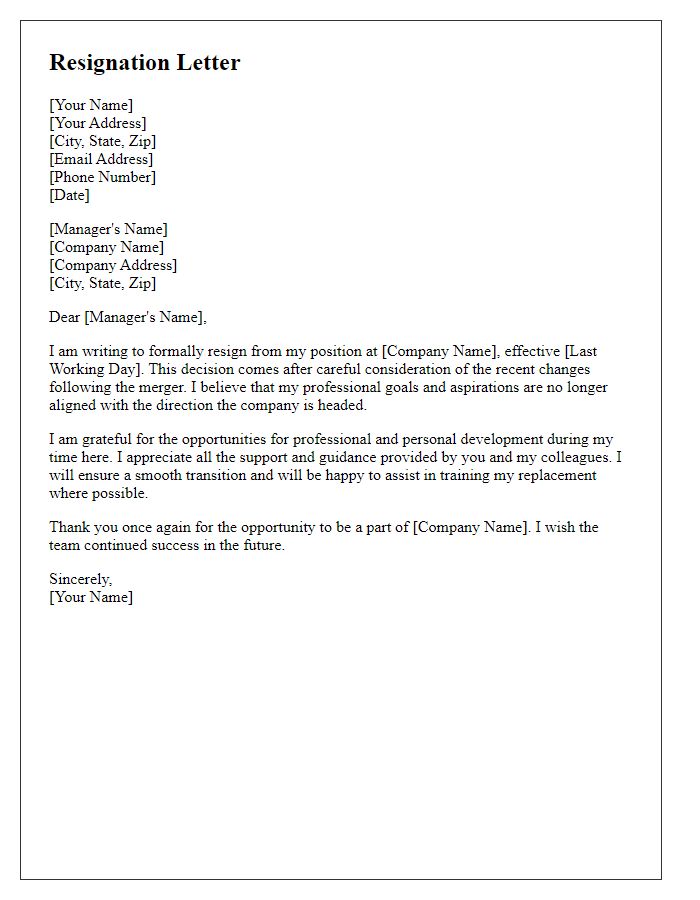 Letter template of resignation due to merger changes.