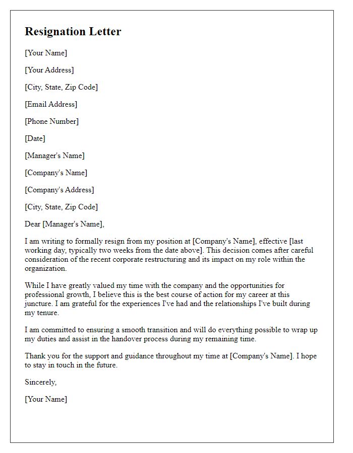 Letter template of resignation during corporate restructuring.