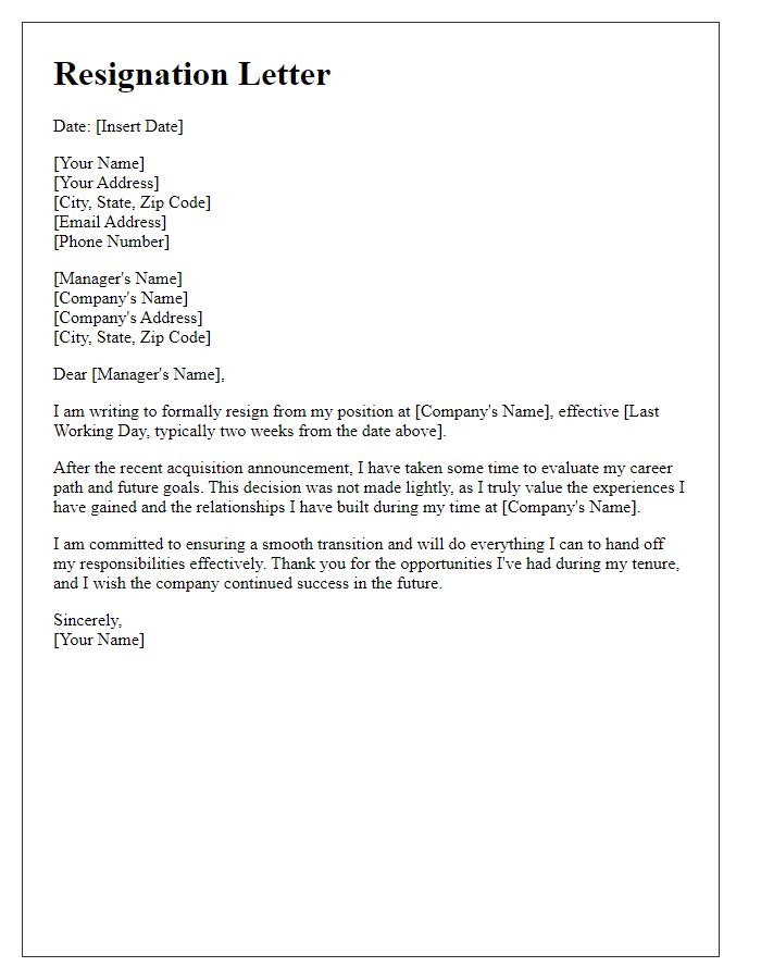 Letter template of resignation post-acquisition announcement.