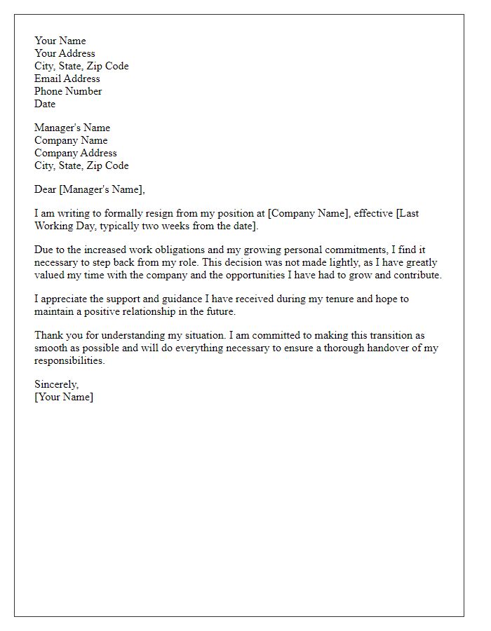 Letter template of resignation related to increased work obligations