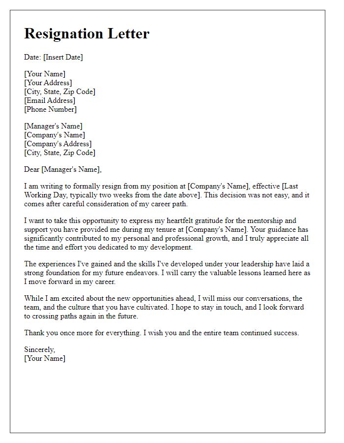 Letter template of resignation appreciating mentorship and support