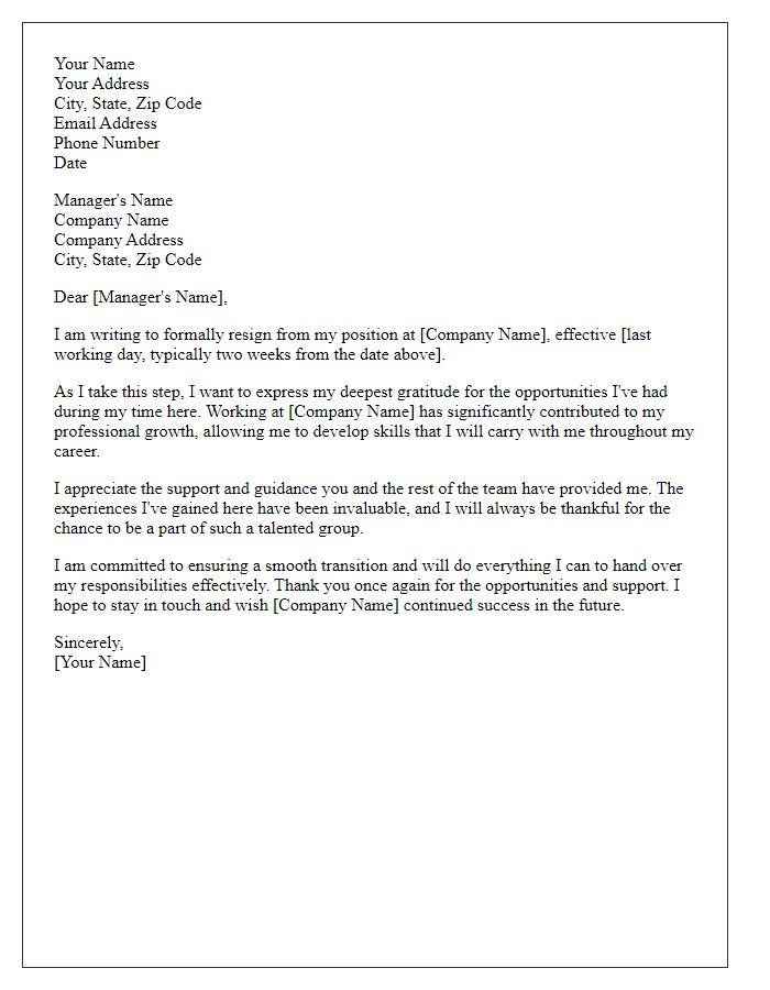 Letter template of resignation expressing gratitude for career progress