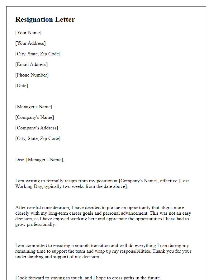 Letter template of resignation focusing on personal advancement