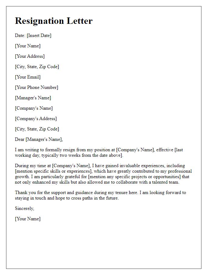 Letter template of resignation pointing out valuable experiences gained