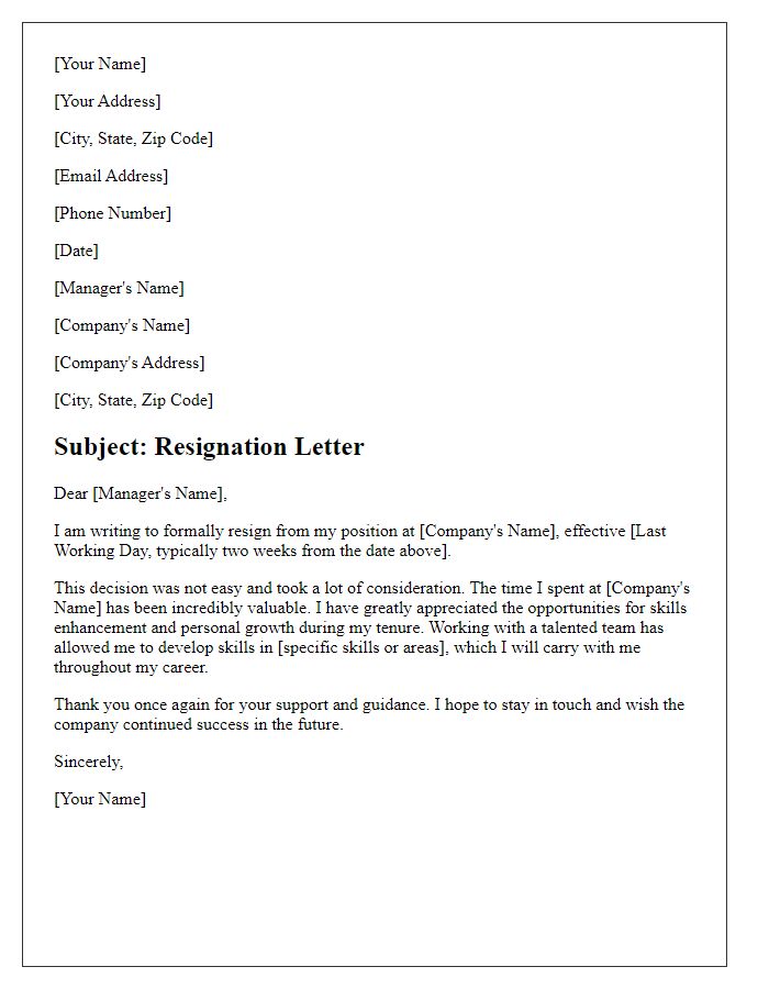 Letter template of resignation recognizing skills enhancement