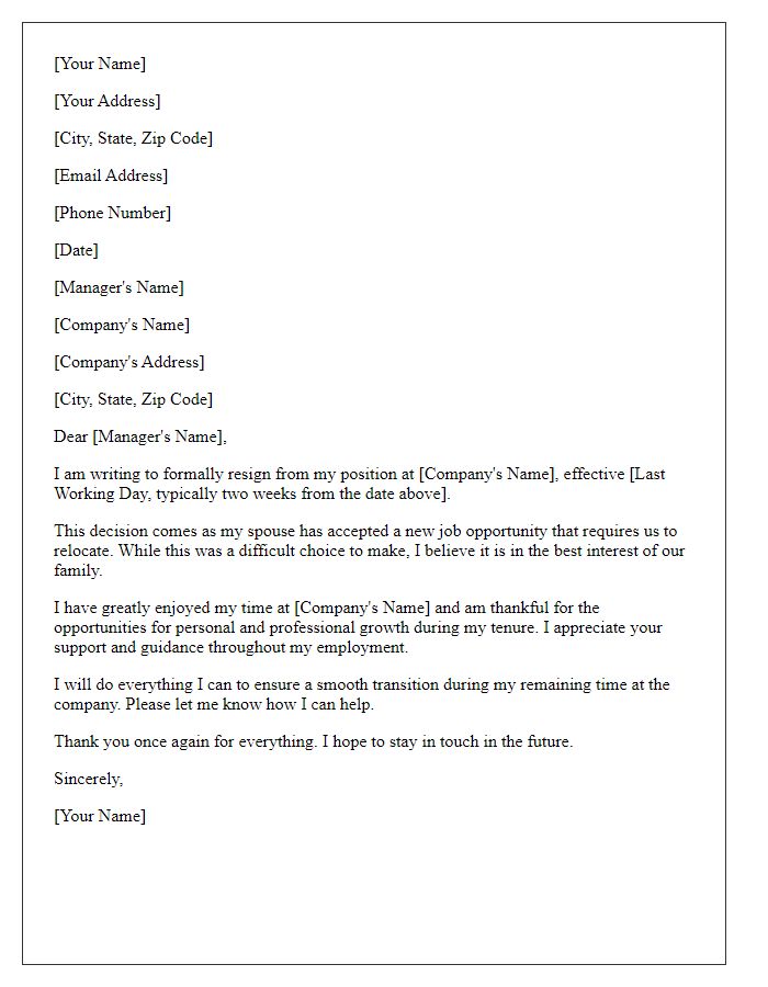 Letter template of resignation associated with spouse moving for work.