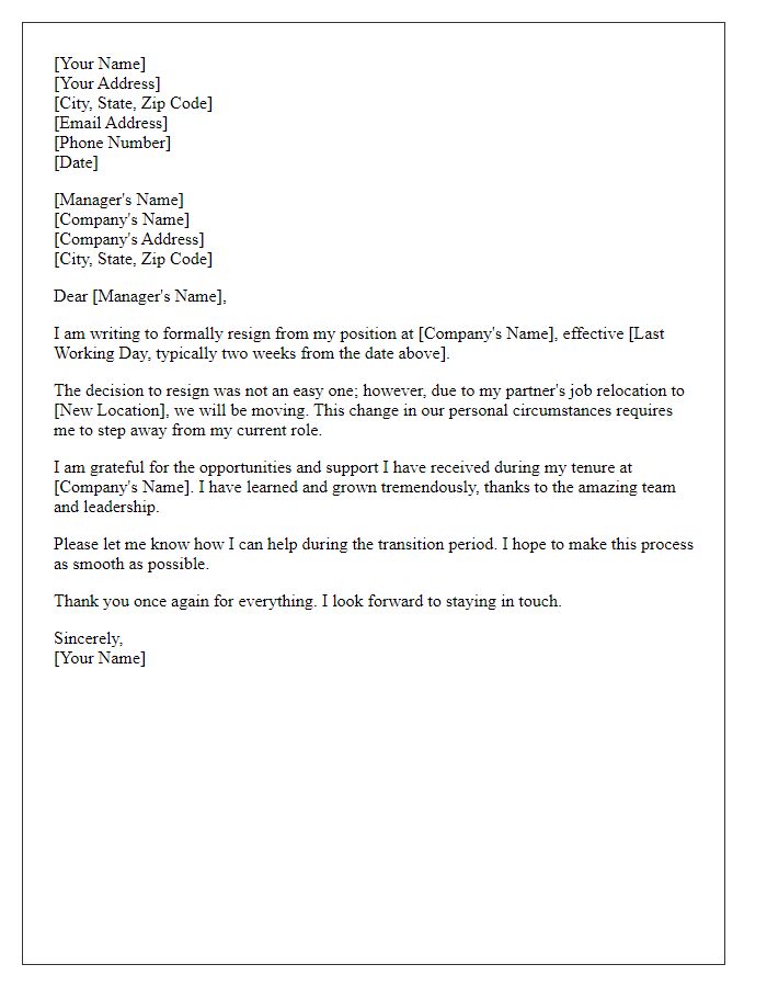 Letter template of resignation because of partner relocation.