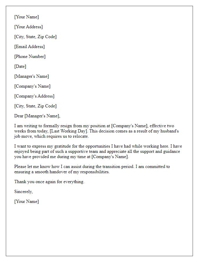 Letter template of resignation due to husbands job move.