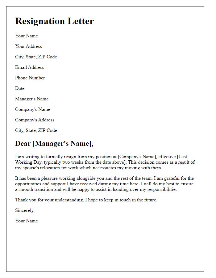 Letter template of resignation leading to spouses relocation.