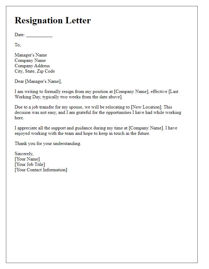 Letter template of resignation for spouse job transfer.