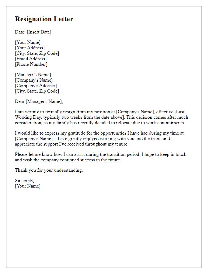 Letter template of resignation triggered by family move for work.