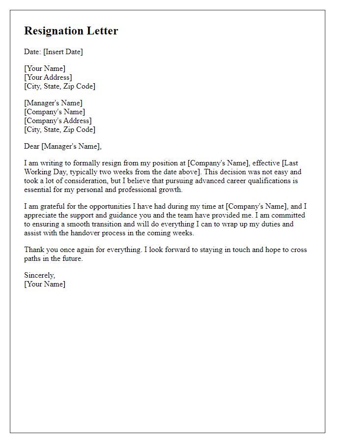 Letter template of resignation for advanced career qualification.