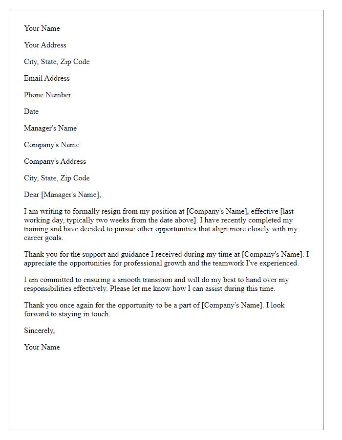 Letter template of resignation following the completion of training.