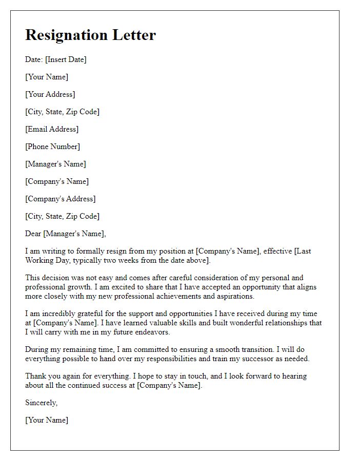 Letter template of resignation inspired by new professional achievements.