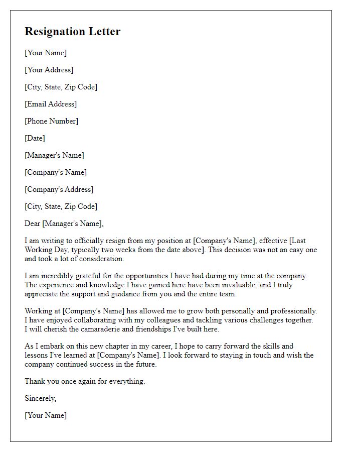 Letter template of amicable resignation highlighting positive experiences.