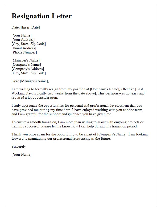 Letter template of considerate resignation offering to help with ongoing projects.