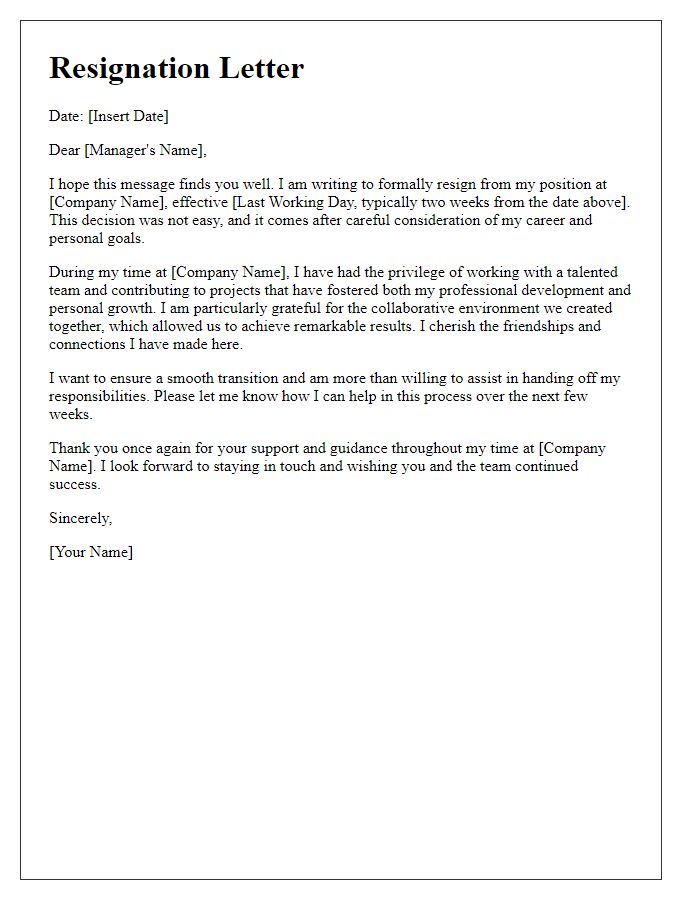 Letter template of friendly resignation with an emphasis on collaboration.