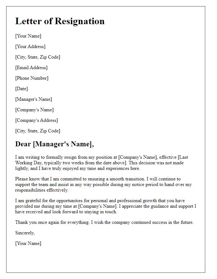 Letter template of gracious resignation while ensuring continued support until departure.