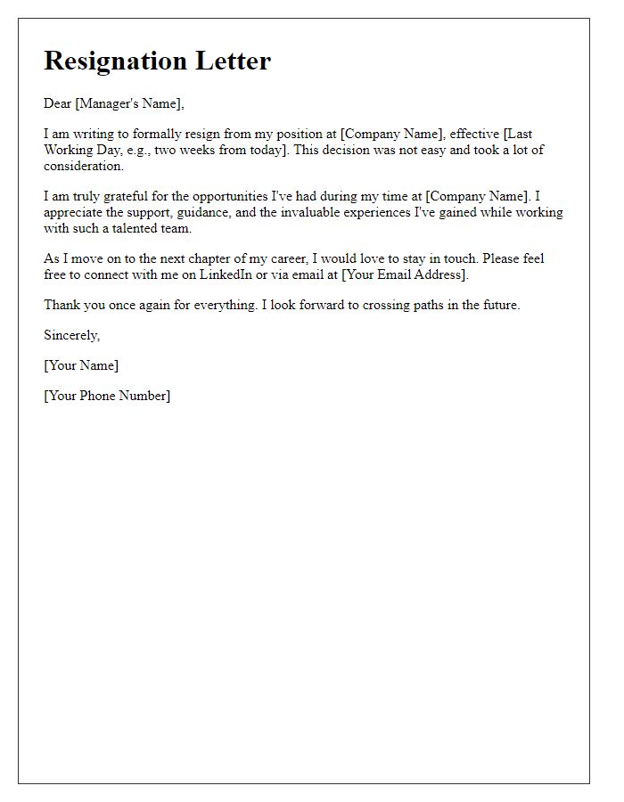 Letter template of professional resignation with an invitation to keep in touch.