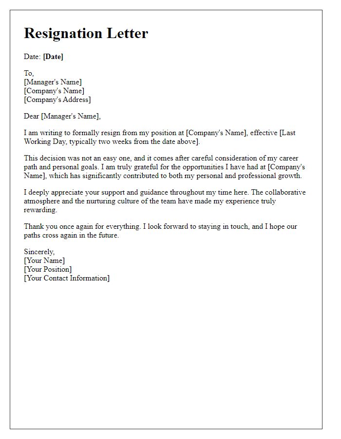 Letter template of sincere resignation with appreciation for support.