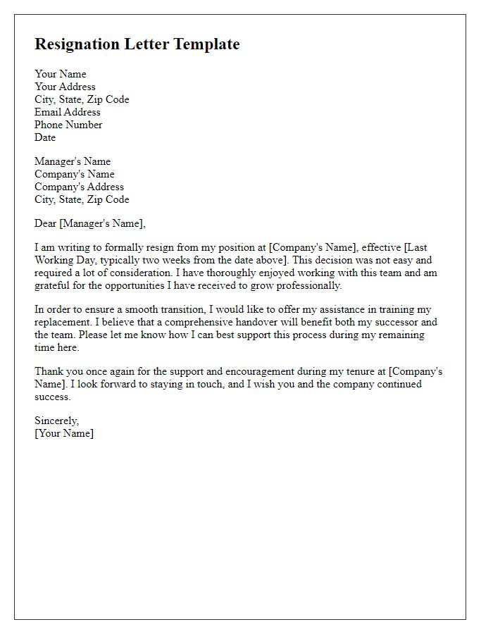 Letter template of thoughtful resignation with an offer to train a replacement.