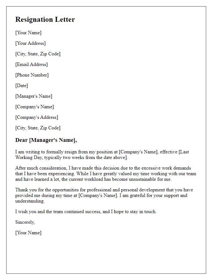 Letter template of resignation due to excessive work demands