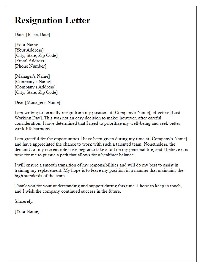 Letter template of resignation expressing the need for better work-life harmony