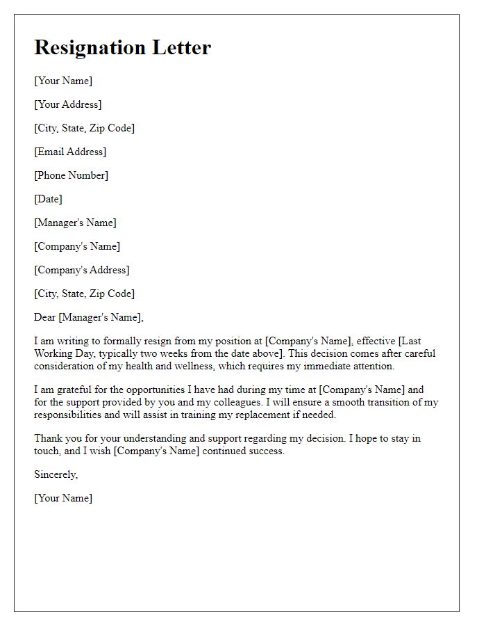 Letter template of resignation for health and wellness reasons