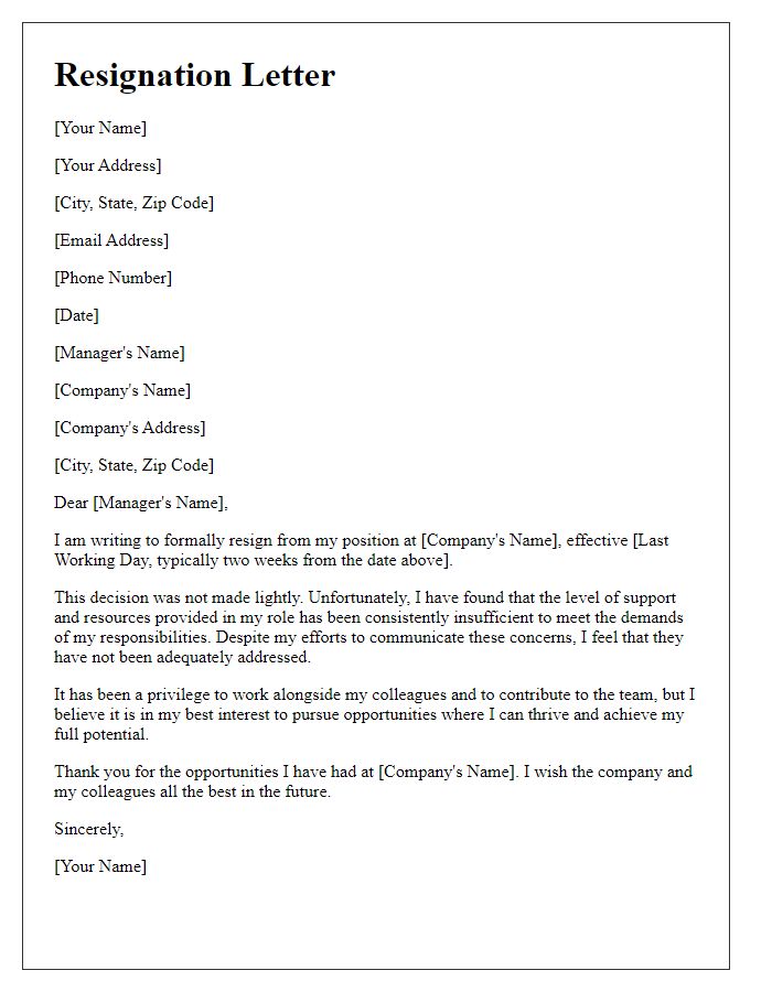 Letter template of resignation as a result of insufficient support from management.