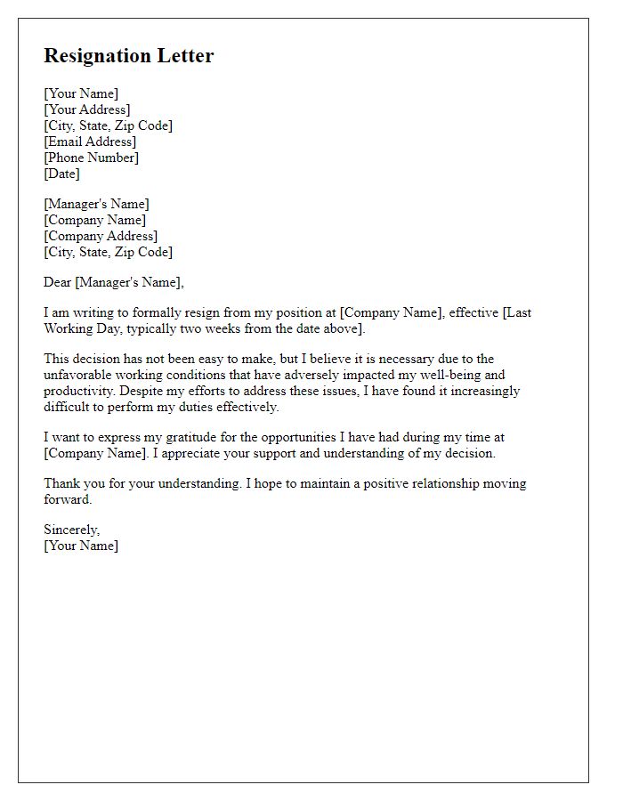 Letter template of resignation because of unfavorable working conditions.