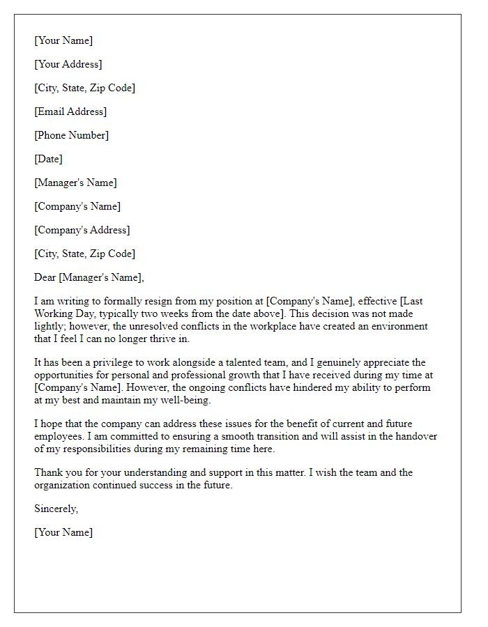 Letter template of resignation related to unresolved workplace conflicts.