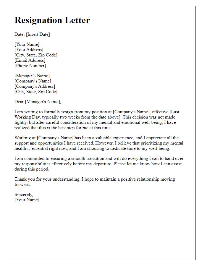 Letter template of resignation addressing psychological wellness