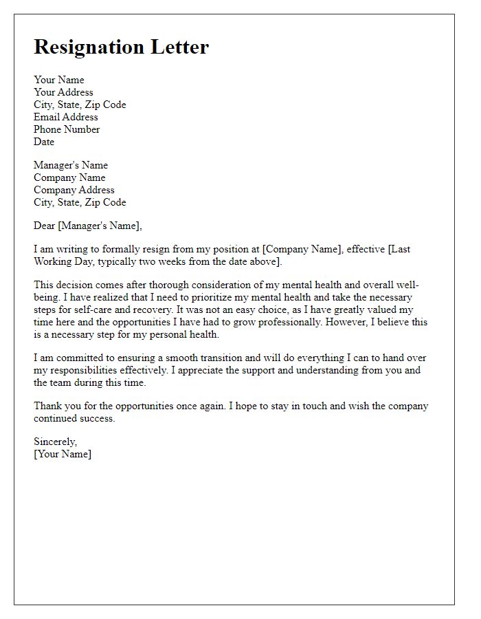 Letter template of resignation emphasizing mental well-being