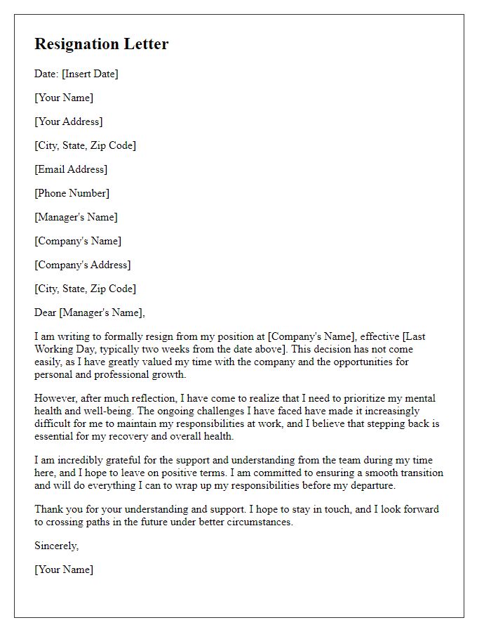 Letter template of resignation highlighting mental health struggles