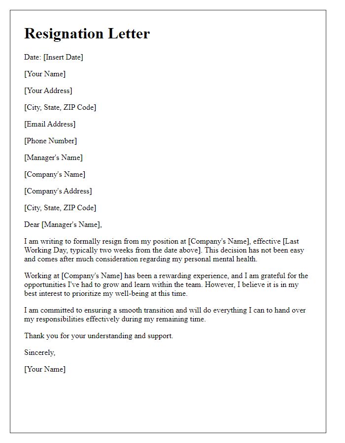 Letter template of resignation for personal mental health reasons