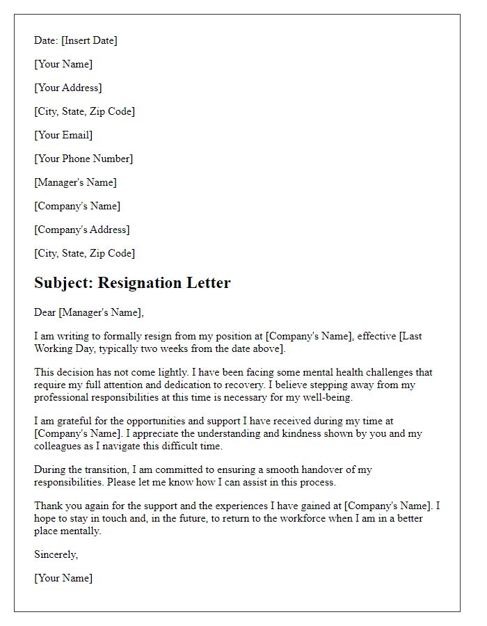 Letter template of resignation referencing mental health recovery