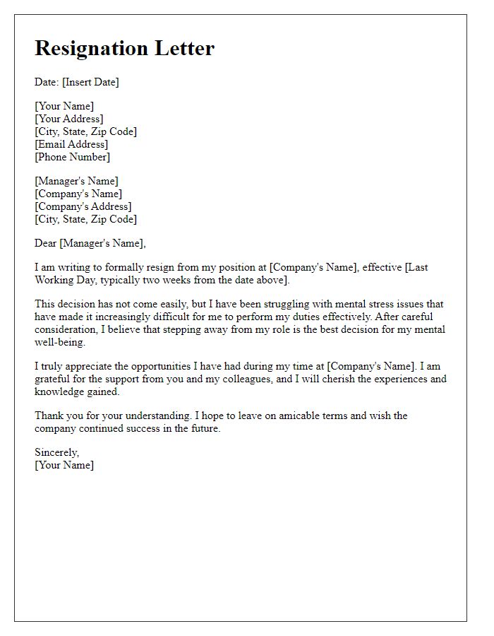 Letter template of resignation relating to mental stress issues