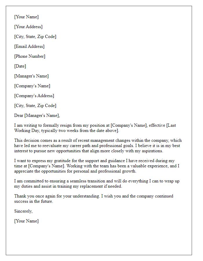 Letter template of resignation as a result of management changes