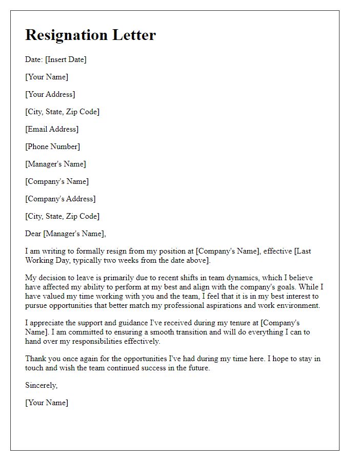 Letter template of resignation due to shifts in team dynamics