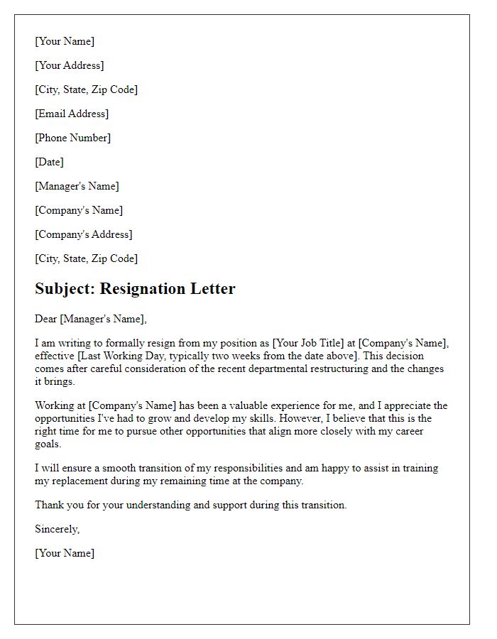 Letter template of resignation following departmental restructuring