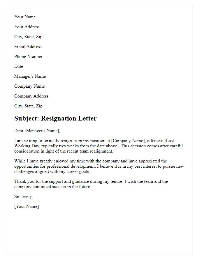 Letter template of resignation in light of team realignment