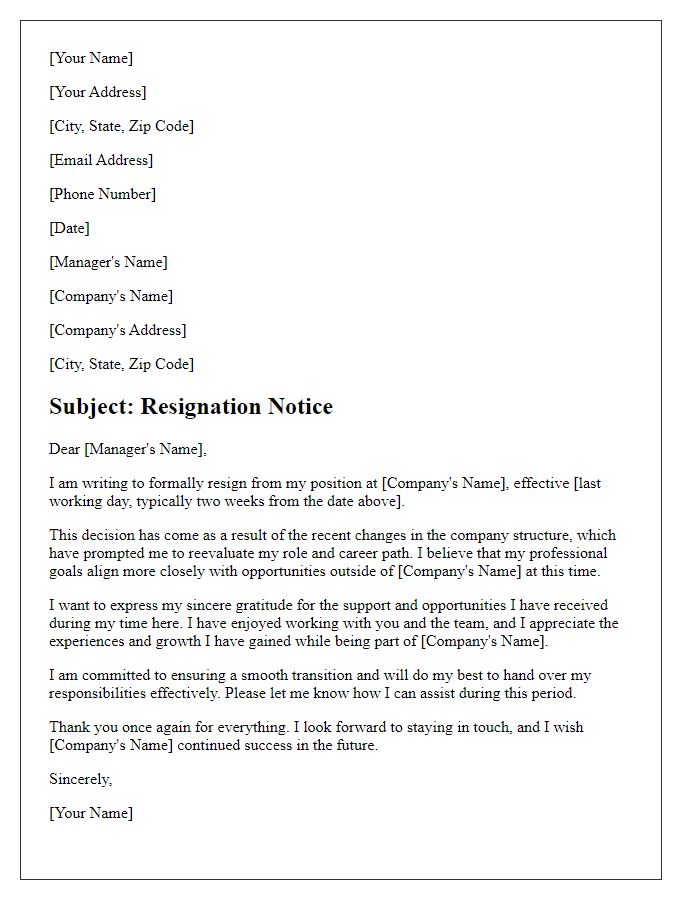 Letter template of resignation prompted by new company structure