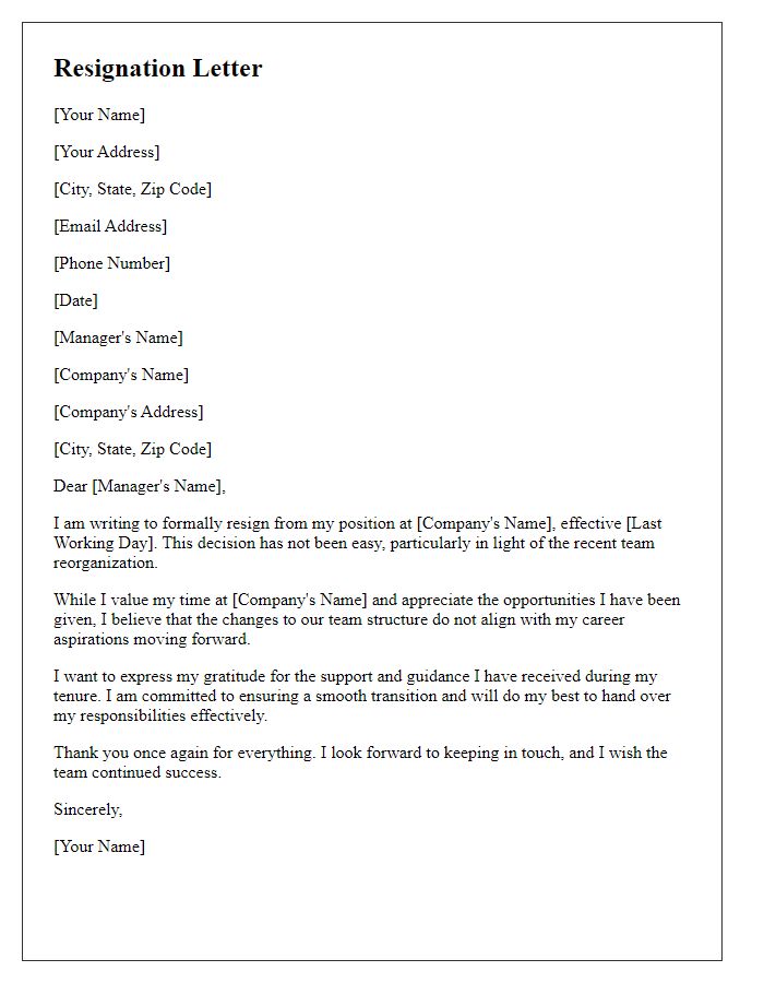 Letter template of resignation stemming from team reorganization