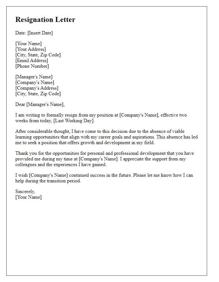 Letter template of resignation due to absence of learning opportunities