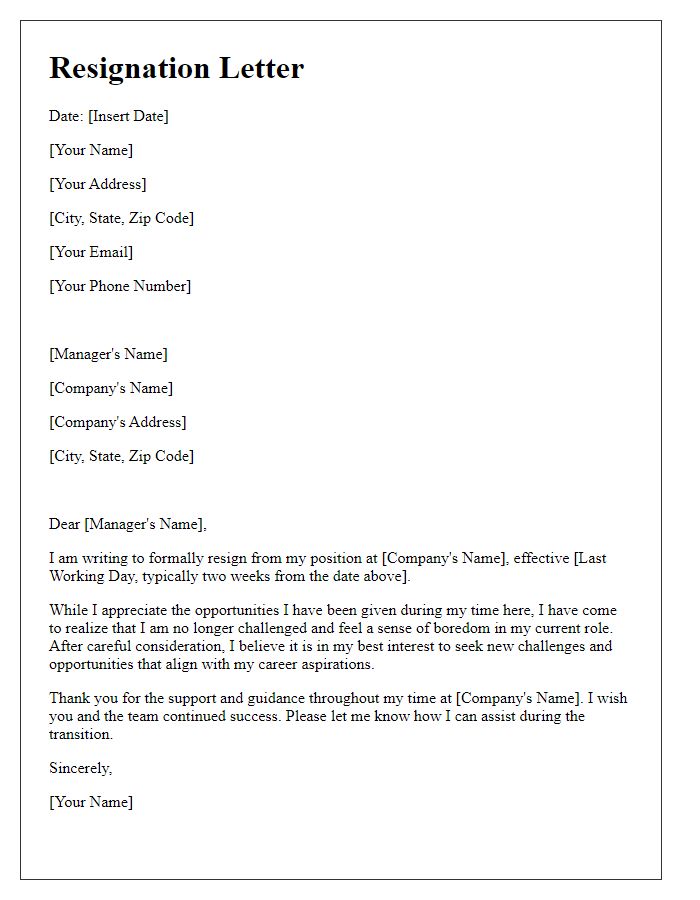 Letter template of resignation due to boredom in current role