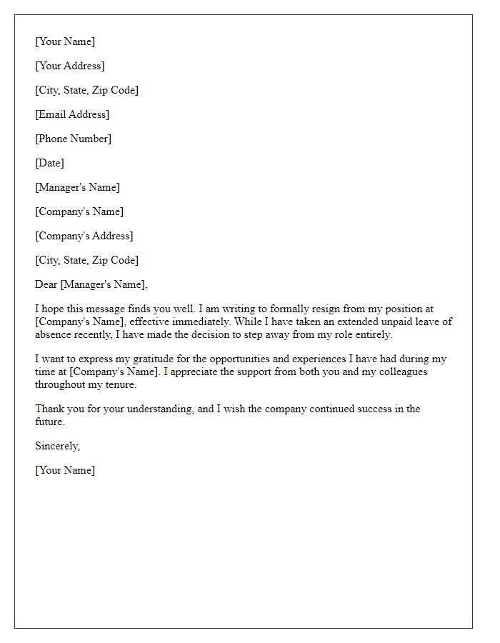 Letter template of resignation after a period of unpaid absence.