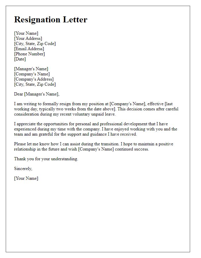 Letter template of resignation after a voluntary unpaid leave.