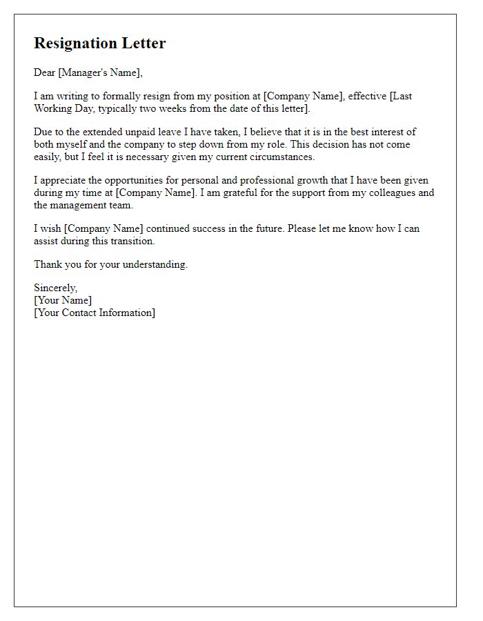 Letter template of resignation due to extended unpaid leave.