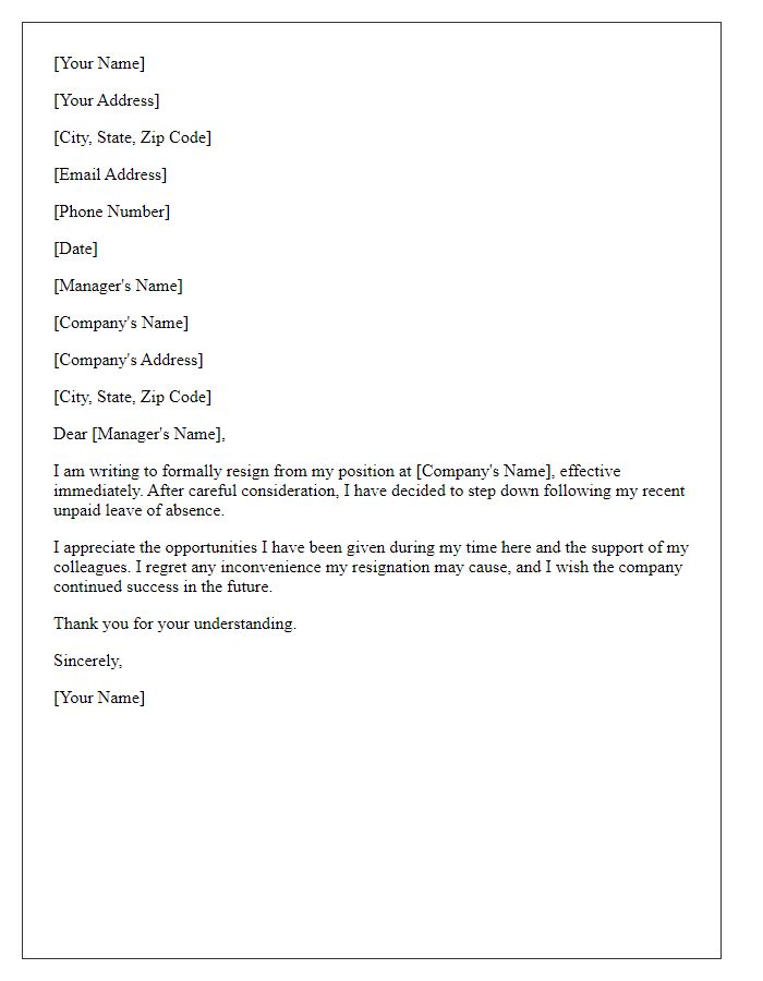 Letter template of resignation following an unpaid leave of absence.